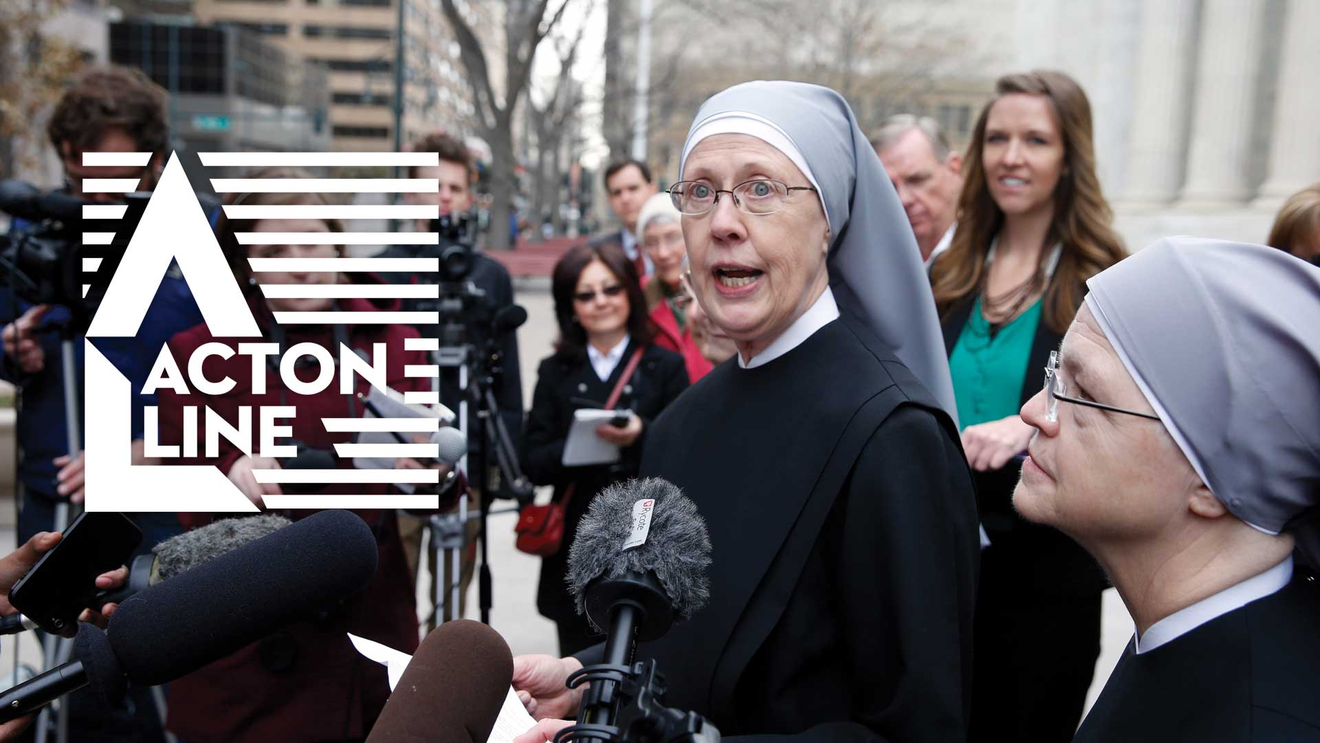 Little Sisters of the Poor give a statement to the press outside of a court building